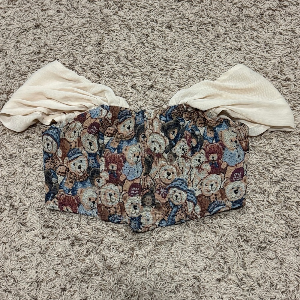 Teddy Bear Print Off-Shoulder Crop Top